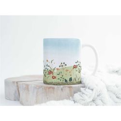 floral wildflower coffee mug, countryside landscape cup, pretty botanical garden tea cup, unique drinkware, 11oz cute ce