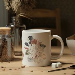 11oz floral rabbit mug, large coffee cup, botanical drinkware, animal lover gift, cute home decor, big ceramic mug w/ ha