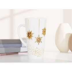 gold star and snowflake latte mug, winter coffee cup, tall christmas mug, large holiday coffee cup, aesthetic winter mug