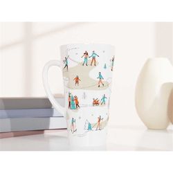tall winter themed latte mug, skiing mug, snow day mug, ice skating coffee mug, winter scene coffee cup, sledding mug, c