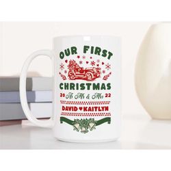 our first christmas as mr and mrs mug, personalized newlywed gifts for couples, holiday wedding gift, holiday coffee cup