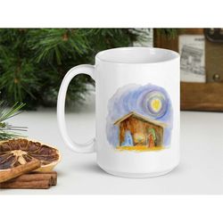 baby jesus mug, nativity scene coffee mug, manger scene mug, christian christmas coffee cup, religious gift, watercolor
