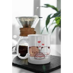 bubu and dudu birthday coffee mug, love heart cute cartoon pet, love panda, happy valentine's day gift 11 oz ceramic mug