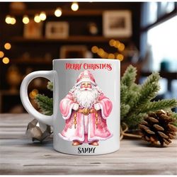 pink santa christmas mug, personalised holiday pink mug, pink christmas gifts