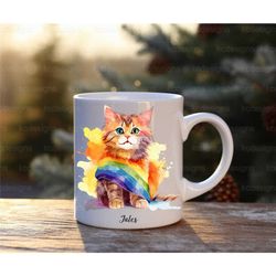 pride mug, lgbtq cat kitten, rainbow pride animal coffee cup, unique gift idea