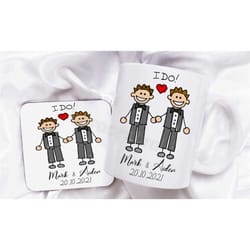 gay wedding gift, personalised gay mug and coaster, same sex wedding coffee tea cup, pride wedding gifts in the uk
