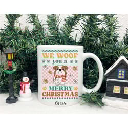 dog lover christmas mug, we woof you a merry christmas, secret santa dog cup