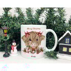 highland cow christmas mug, festive holiday animal cup, personalised secret santa gift