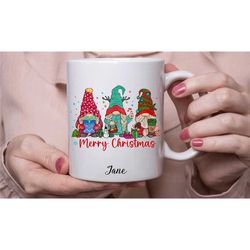 personalised christmas mug, xmas gnome tea cup, christmas gnomes gift