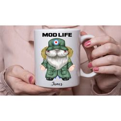 mod life mug, mod gnome gift, 1960s 1970s mod culture, handmade in the uk