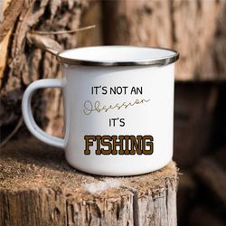 fishing camper mug, fishing coffee mug, camping cup, gift for him, enamel camper mug for fishing adventures, cast away i