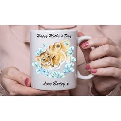 personalised mothers day mug, lion family coffee tea cup, lion lover gift, gifts for mum, handmade in the uk