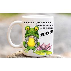 frog gnome mug, novelty frog coffee/tea cup, every journey starts with a hop, frog lover gifts in the uk