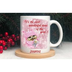 christmas owl mug, personalised festive xmas coffee / tea cup, it's the most wonderful time of the year, owl lover gifts