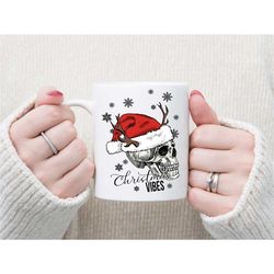 skeleton christmas vibes coffee mug. 11 oz or 15 oz available. gothic christmas mug for him or her. goth dark coffee mug