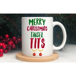 tinsel tits, jingle balls christmas mug, rude adult xmas coffee tea cup, couples christmas mugs