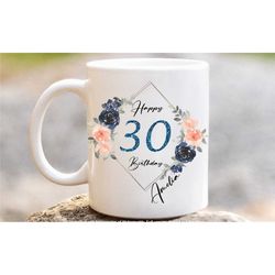 personalised 30th birthday mug, thirtieth milestone floral monogram cup, thirties gifts for her