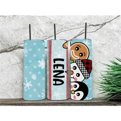 peronalized 20oz skinny christmas tumbler, snowman penguin and gingerbread man design, cute gift for kids, sweet stockin