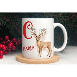 personalised christmas mug, reindeer xmas coffee, tea cup, festive xmas mugs, in the uk