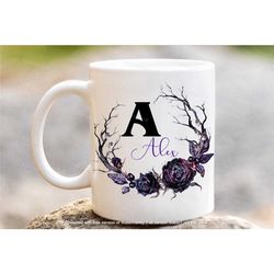 gothic mug , personalised coffee tea mug, goth moth monogram mug, gothic gifts in the uk