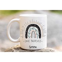 personalised rainbow mug, boho rainbow tea cup, love yourself mug, inspirational mug, in the uk