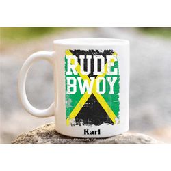 personalised jamaica mug, jamaican coffee tea cup, personalised jamaica flag gift, rude boy mug, in the uk