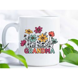 grandma coffee mug, colorful 11 oz tea mug for grandmother, bright spring colors, floral wild flowers, mother's day gift