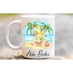gnome mug, aloha bitches coffee tea cup, summer hawaii gonk mug, gnome lover gifts, in the uk
