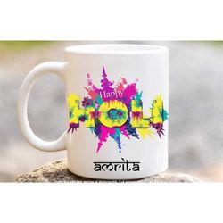 holi coffee mug, personalised holi mug, hindu festival coffee tea cup, happy holi gifts, indian festivals gifts, in the