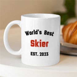 personalized skiing present, custom ski mug for winter enthusiasts, customizable winter sports gift, unique birthday pre