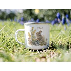 bunny enamel mug for kids - personalized - children's cup name - boys girls gift - floral animal - individual present -