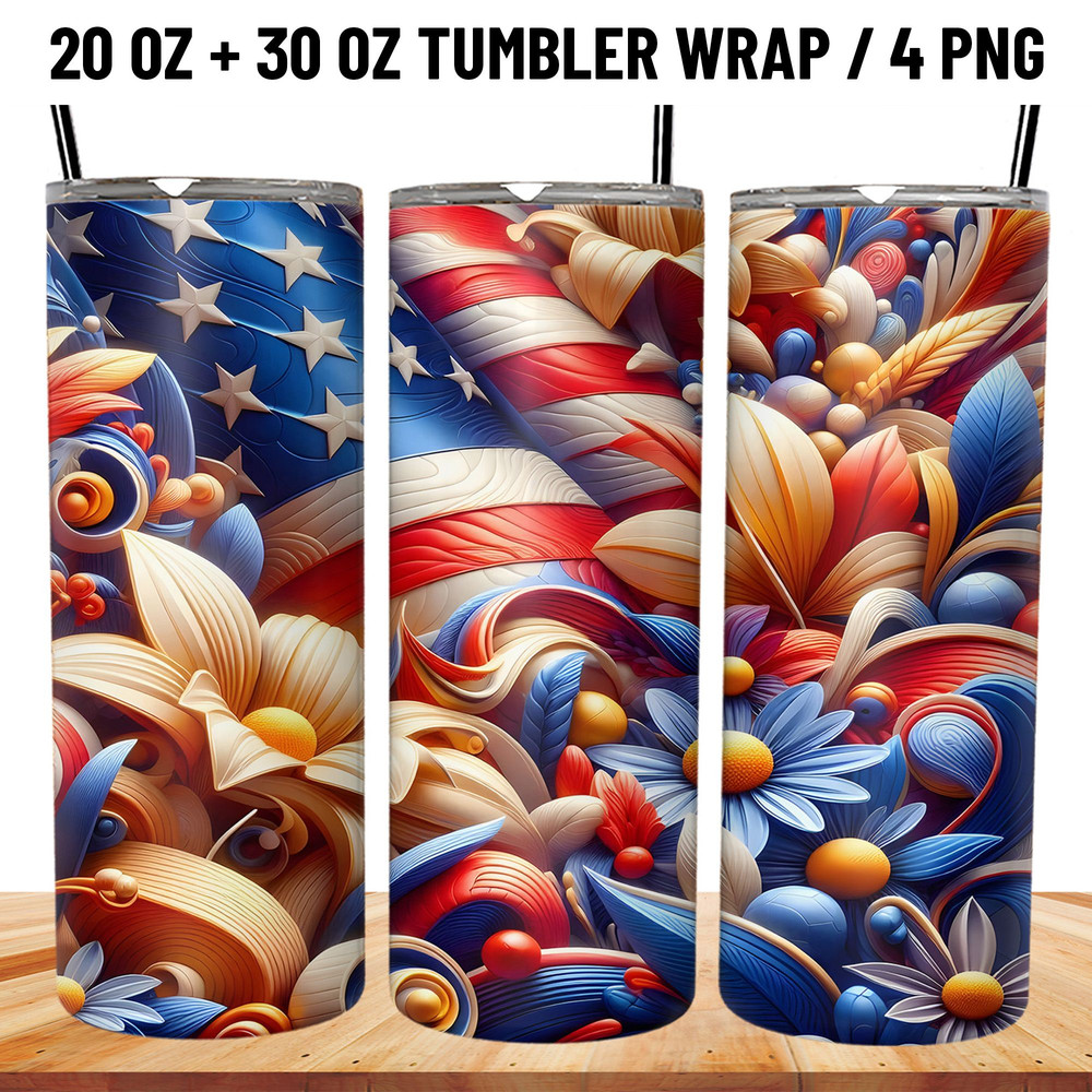 3D American Flag Flowers Tumbler Wrap 20oz PNG 0