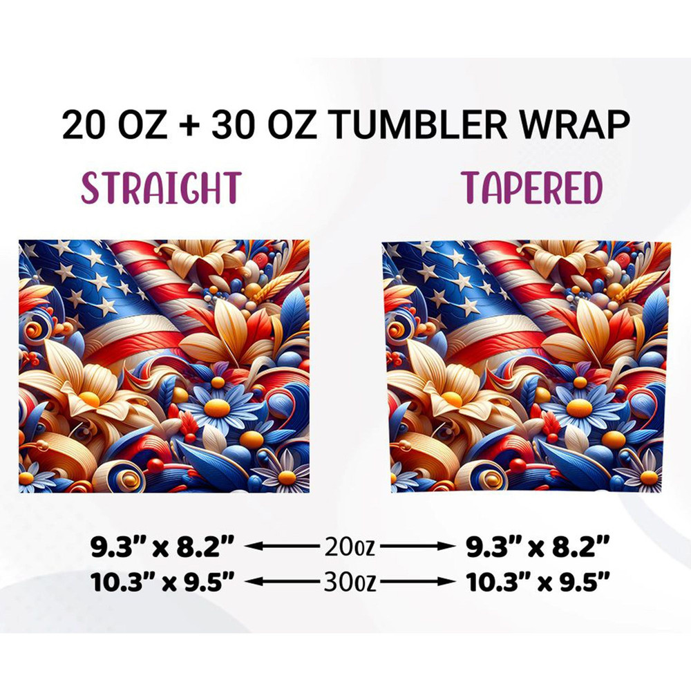 3D American Flag Flowers Tumbler Wrap 20oz PNG 1