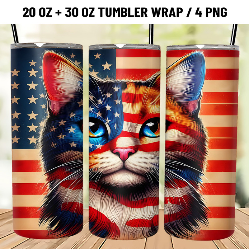 4th Of July Cat Tumbler Wrap 20oz PNG 0