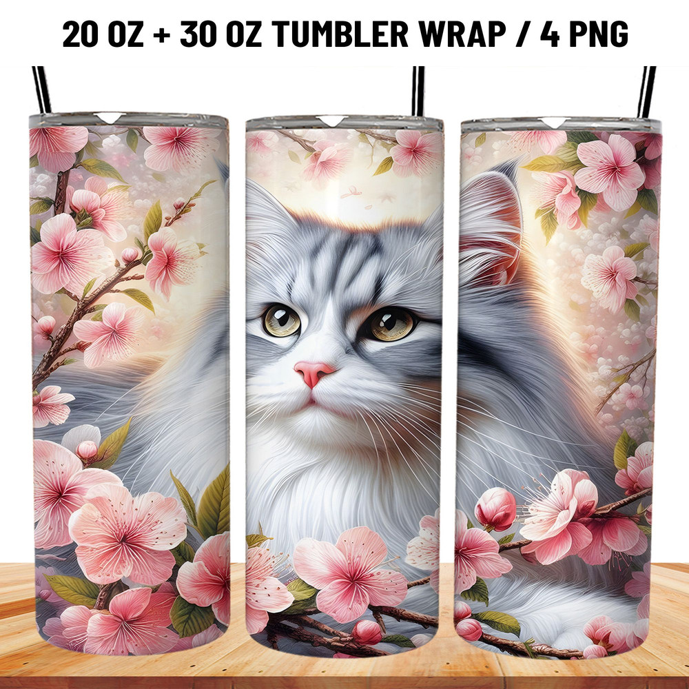 Cat Flowers Tumbler Wrap Sublimation PNG 0