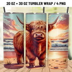 highland cow on the beach tumbler wrap png