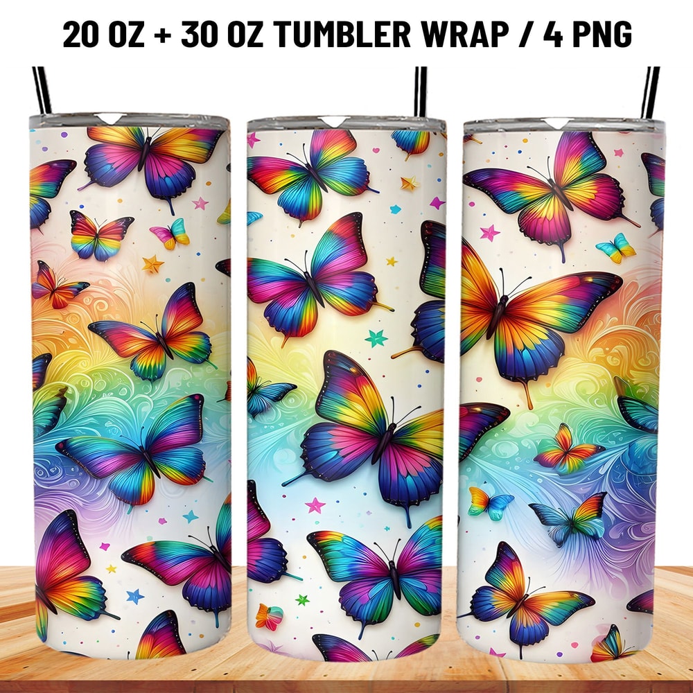 Rainbow Butterfly Tumbler Wrap Sublimation PNG 0