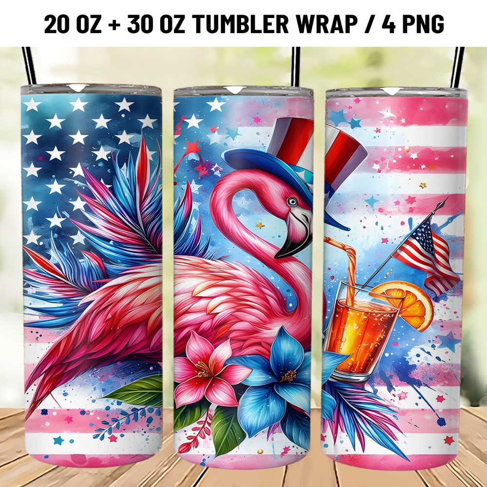 Patriotic 4th Of July Flamingo Tumbler Wrap PNG 0