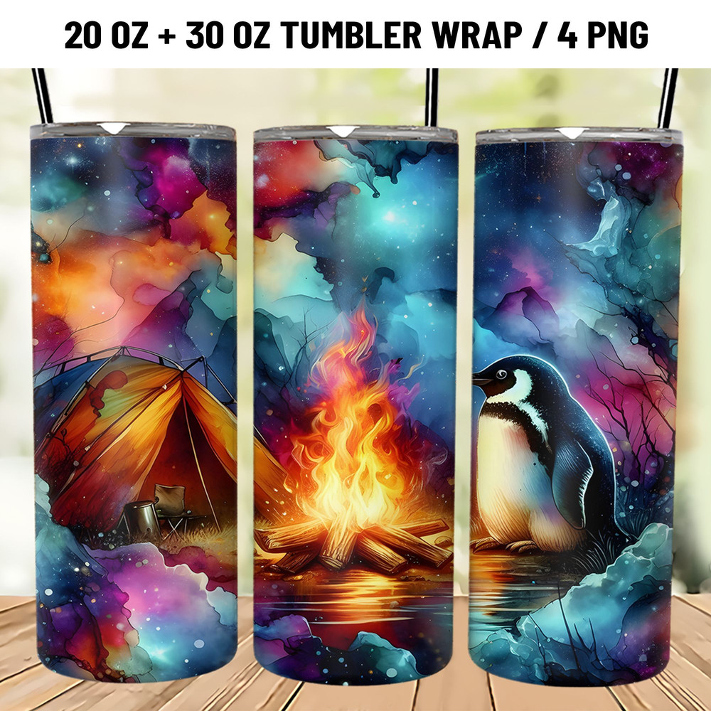 Penguin Camping Alcohol Ink Tumbler Wrap PNG 0