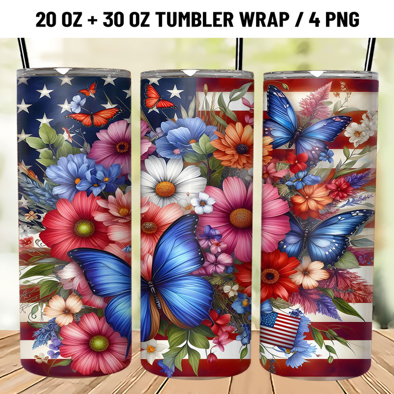 Patriotic Butterfly Flowers Tumbler Wrap 4th Of July 0