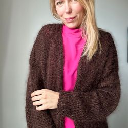 mohair long cardigan, beige mohair, oversized cardigan, opent front chunky sweater, wool coat, winter jacket, hand made