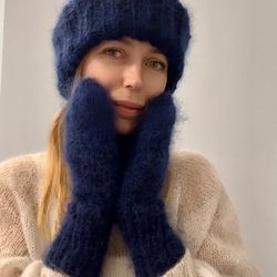 set hat and mittens, women hat, handknit beanie, fluffy mittens warm, hand made