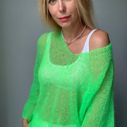 READY TO SHIP, Neon Green Mohair Sweater, Kidmohair sweater, Wool sweater, mohair pullover, Handknit, Knitted sweater