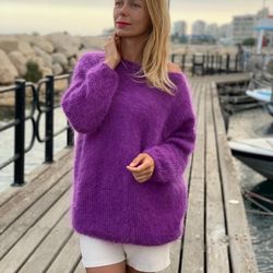 mohair sweater, fuzzy sweater, oversized sweater, chunky sweater, wool sweater, loose sweater, off shoulder knit