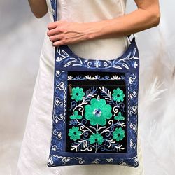 handcrafted eco-friendly floral embroidered suede crossbody bag