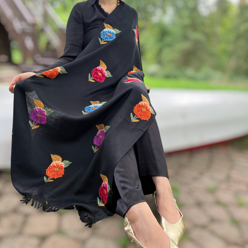 Limited Edition Hand Embroidered Colorful Floral Wool Shawl Scarf 1