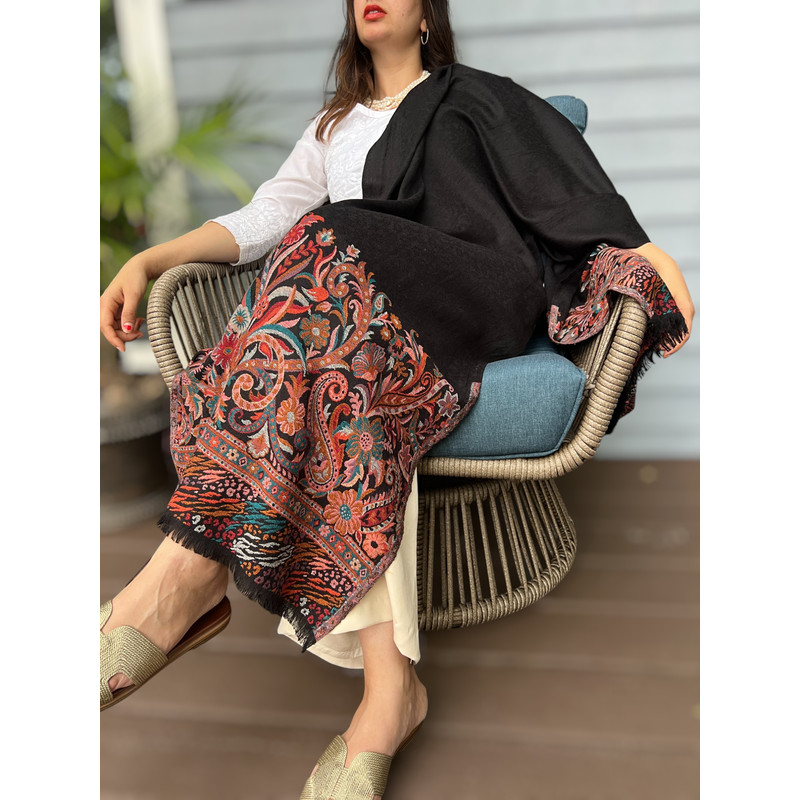 Black Fine Wool Kashmir Jamawar Pashmina 0