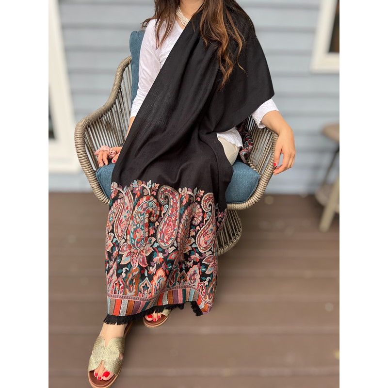 Black Fine Wool Kashmir Jamawar Pashmina 3