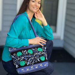 handcrafted sustainable suede floral tote bag