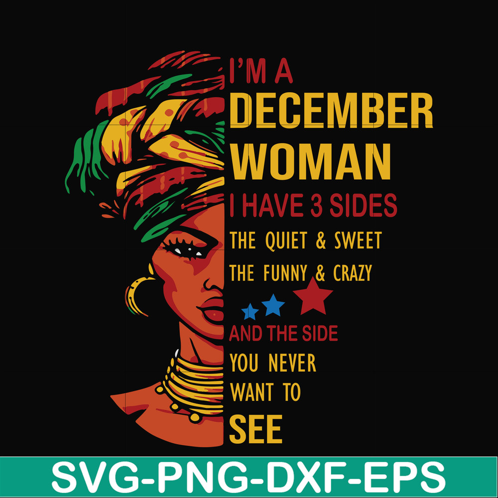 BD0107-I'm a December woman i have a 3 sides the quiet & sweet the funny & crazy and the side you never want to see svg, birthday svg, png, dxf, eps digital fil